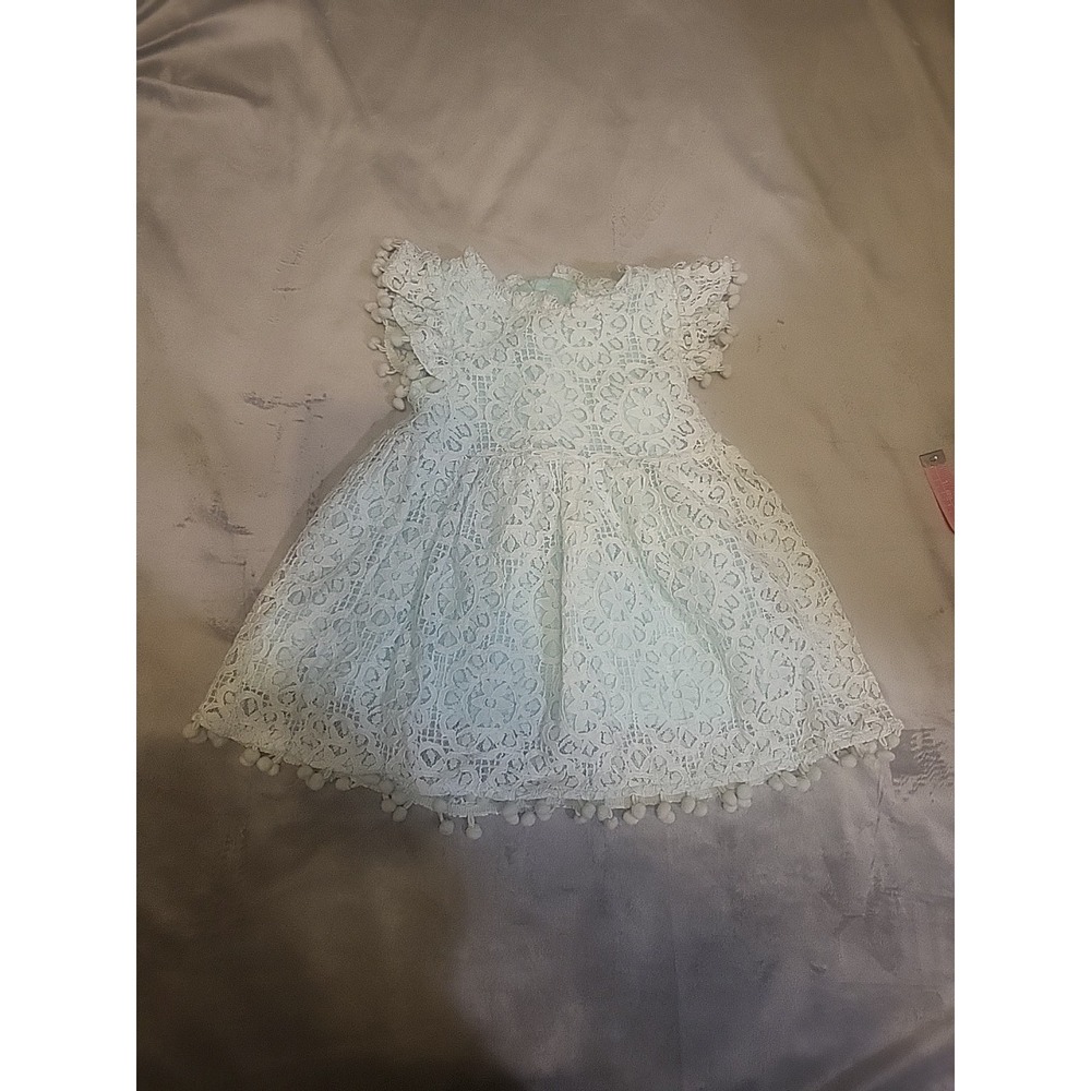 2 bunnies lace‎ overlay pompom dress baby 6-12 months blue party dress